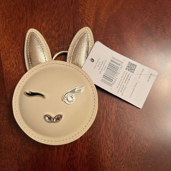 NWT Kate Spade Bunny Rabbit Beige Gold Zip Top Leather 3D Coin Change Purse